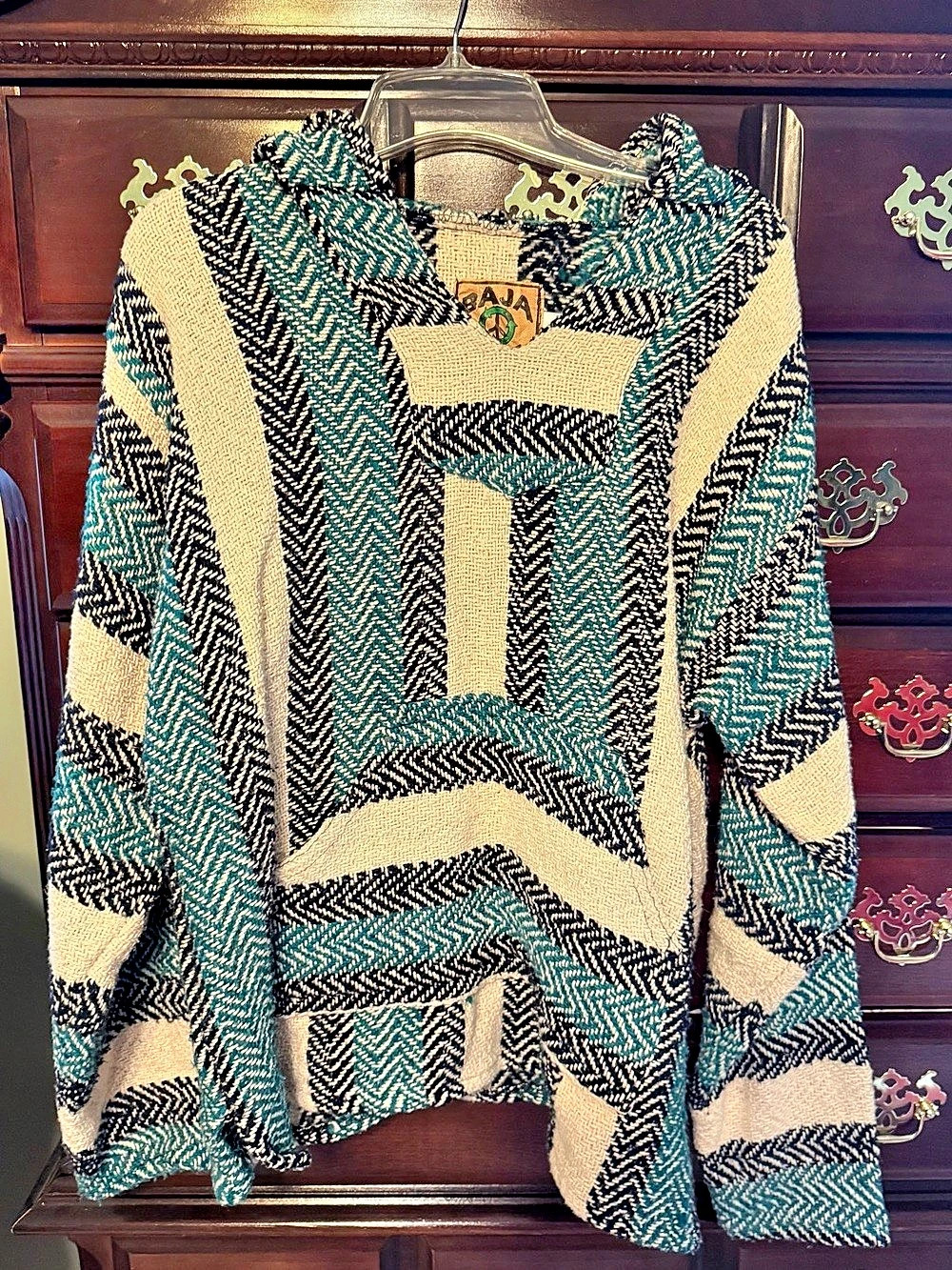 Baja Joe Woven Pullover Hoodie Geometric Cowl Neck Blue & White Large